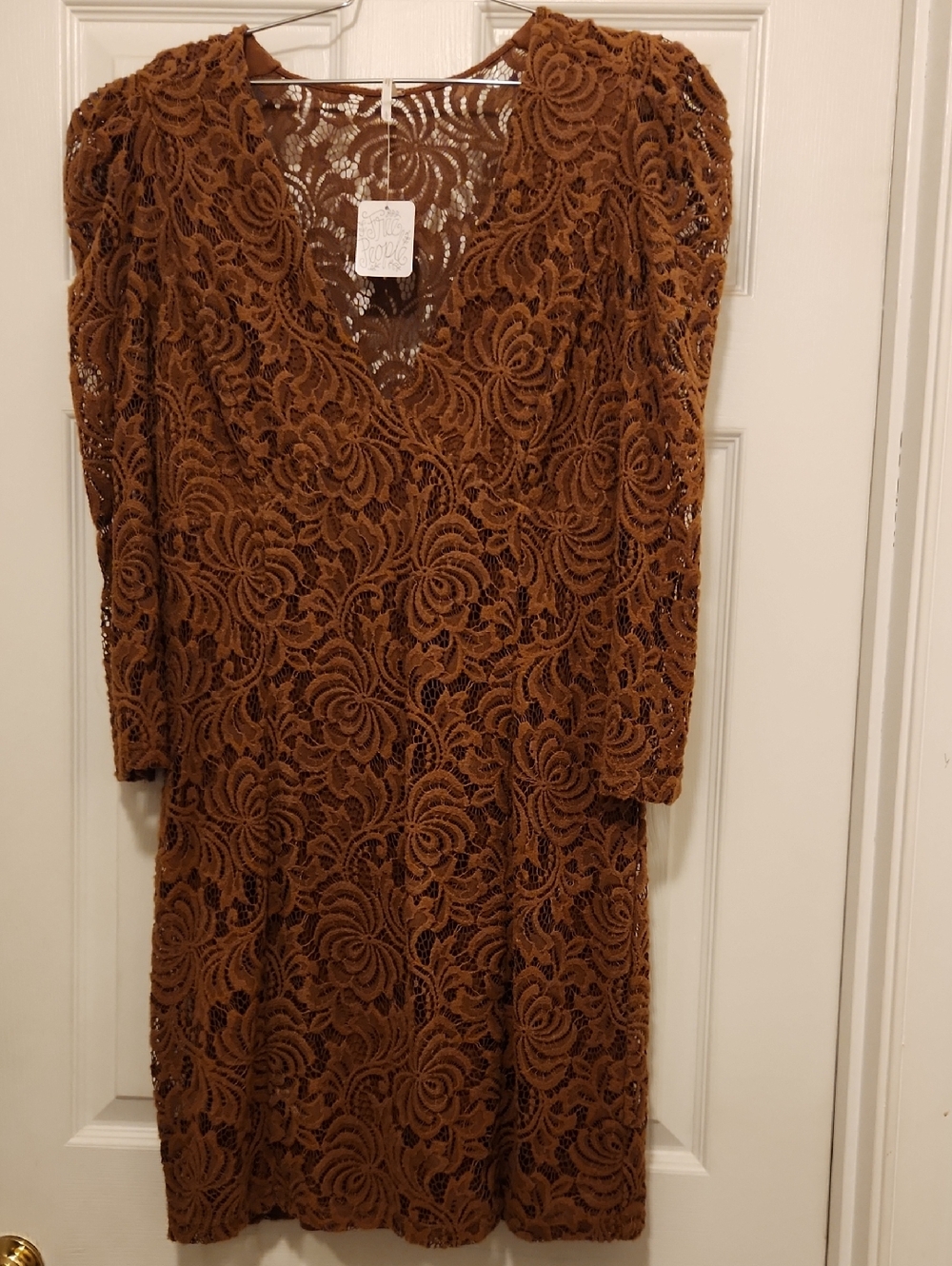 Free People Brown Floral Lace V-Neck Long Sleeve Dress